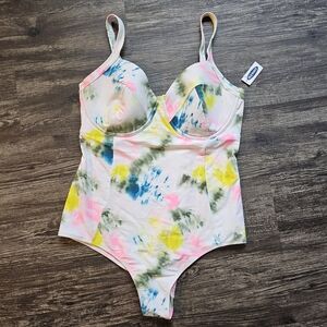 NWT 2X Plus White And Tie Dye One Piece Swimsuit